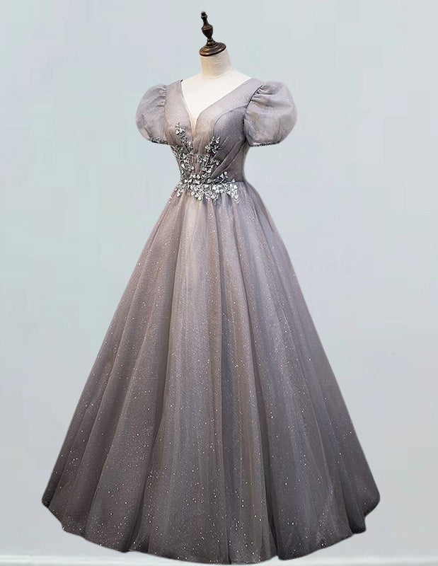 Grey v neck lace applique beading long sparkle ball gown prom dress
