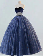 Strapless Navy Velvet Ball Gown | Pearl Accents Prom & Evening Dress