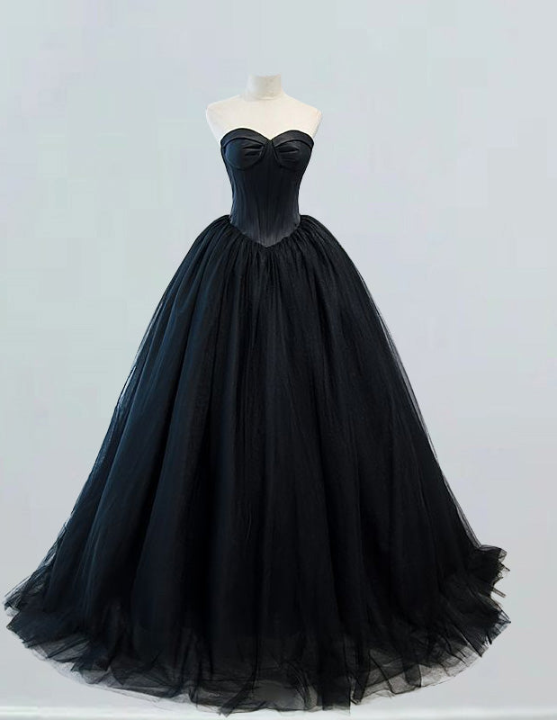 Black strapless tulle chapel train ball gown princess wedding bridal dress fairy a line prom dress