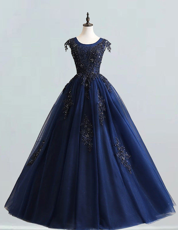 Navy blue scoop lace applique beading long tulle ball gown bridal party gown