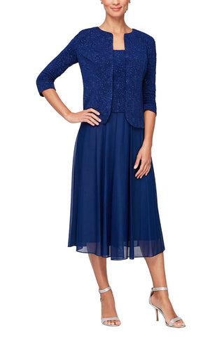 Alex Evenings square neck sleeveless zipper back jacquard bodice dress with matching 3/4 sleeve open front jacket - By Baano