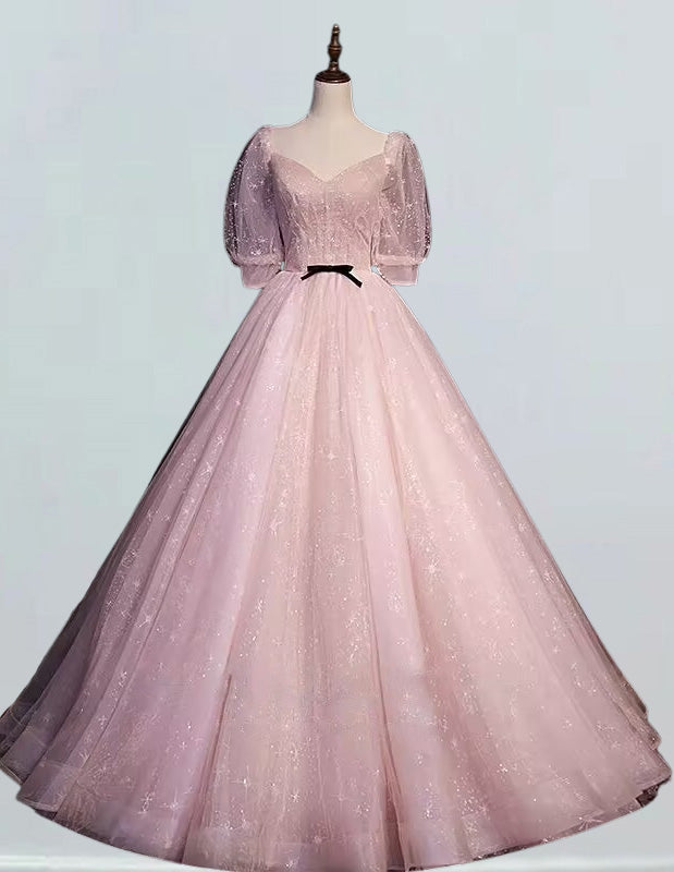 Women's Pink Tulle V-Neck Prom Dress Ball Gown