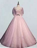 Women's Pink Tulle V-Neck Prom Dress Ball Gown