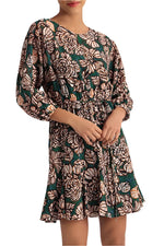Donna Morgan Crew Neck 3/4 Sleeve Tie Waist Floral Print Keyhole Back Polyester Dress - Glamourous Grace