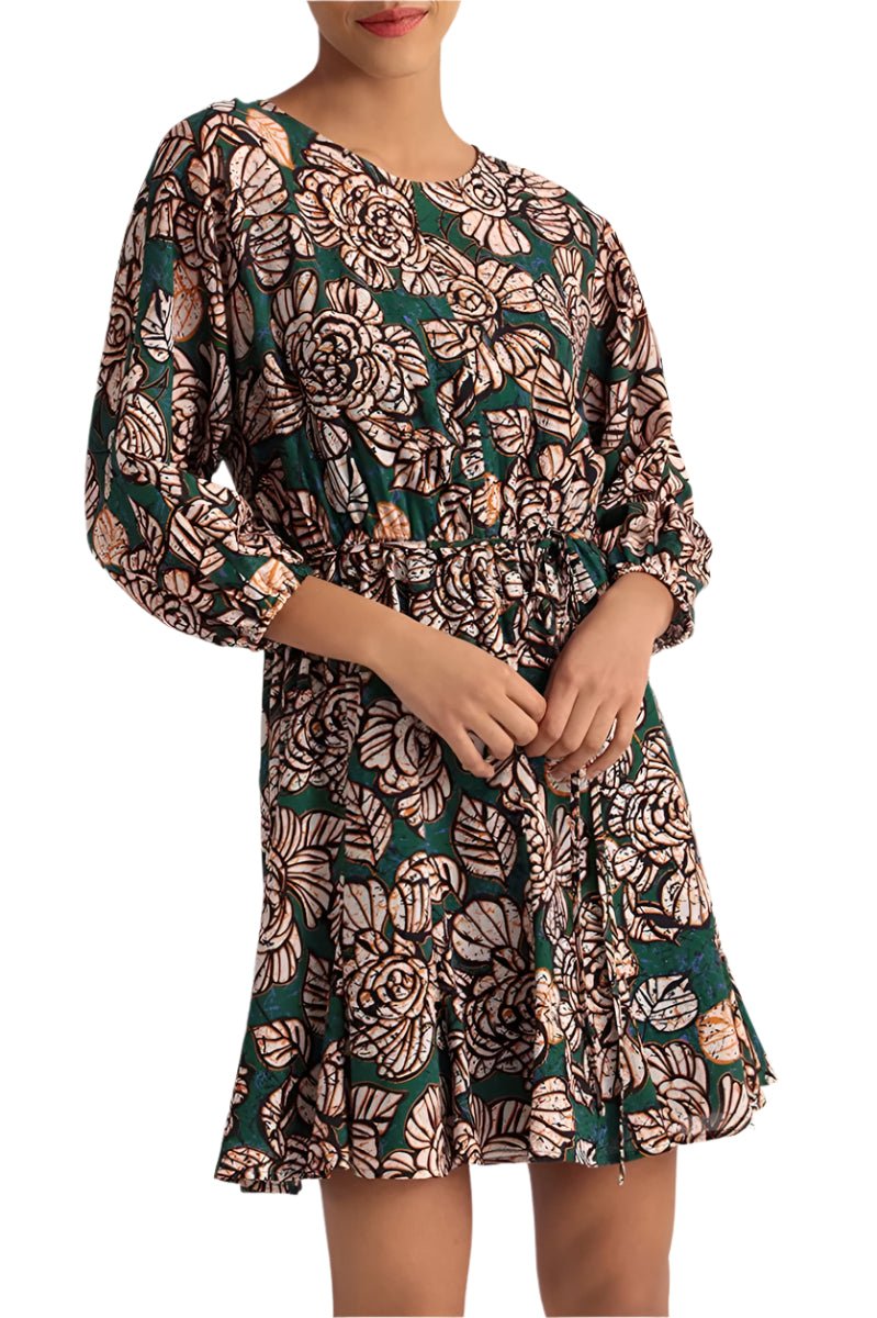 Donna Morgan Crew Neck 3/4 Sleeve Tie Waist Floral Print Keyhole Back Polyester Dress - Glamourous Grace