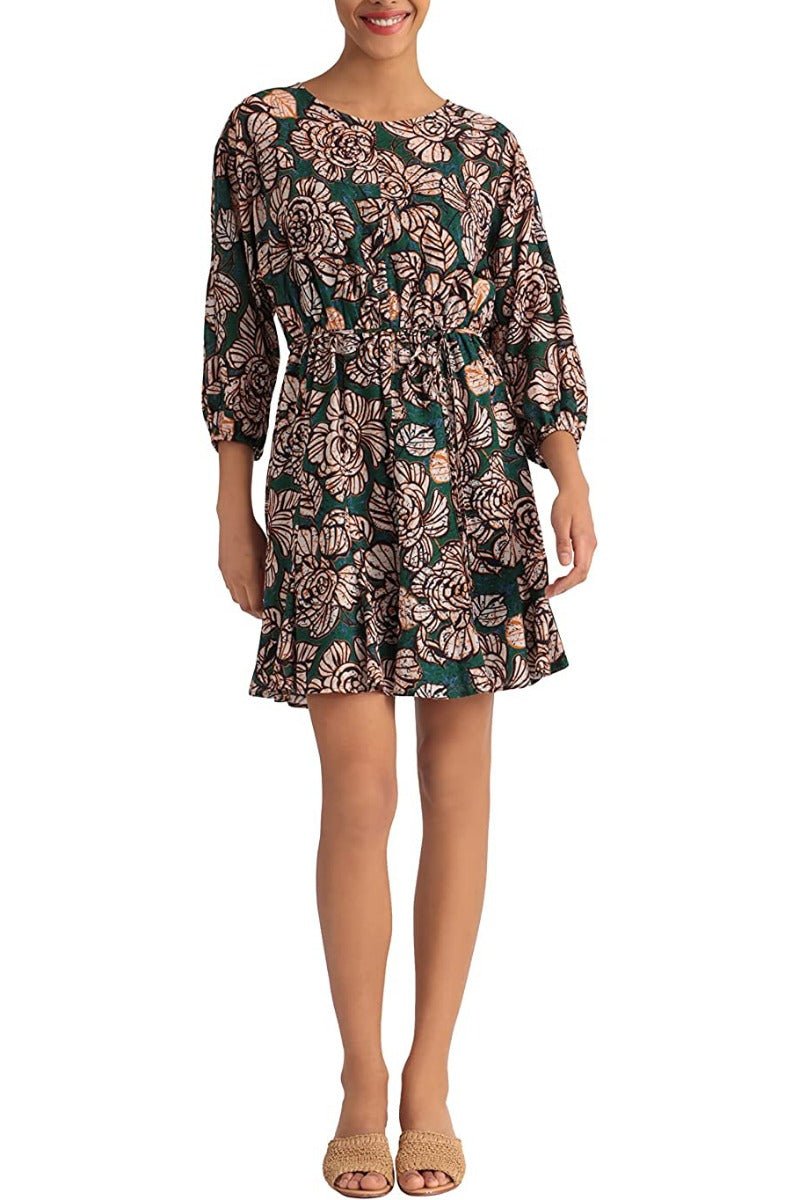 Donna Morgan Crew Neck 3/4 Sleeve Tie Waist Floral Print Keyhole Back Polyester Dress - Glamourous Grace