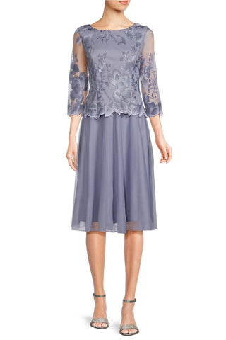 Alex Evenings boat neck 3/4 sleeve floral embroidered bodice stretch mesh dress - By Baano