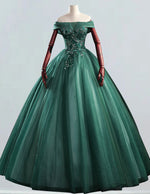 Elegant Green Tulle Off-Shoulder Ball Gown | Lace Applique Evening Dress