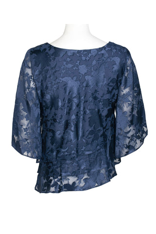 Alex Evenings Boat Neck 3/4 Sleeve Multi Print Asymmetrical Triple Tier Hem Burnout Chiffon Top - By Baano