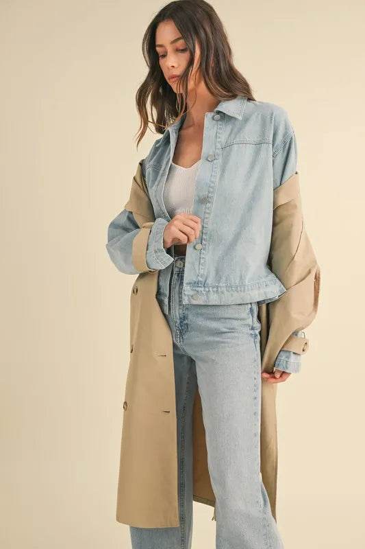 MABLE Layered Look Trench Coat With Denim Jacket - By Baano