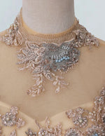 Elegant Gold Tulle Ball Gown with Lace Applique | Boat Neck Evening & Prom Dress