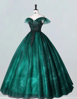 Green off the shoulder lace applique sparkle tulle ball gown wedding bridal dress