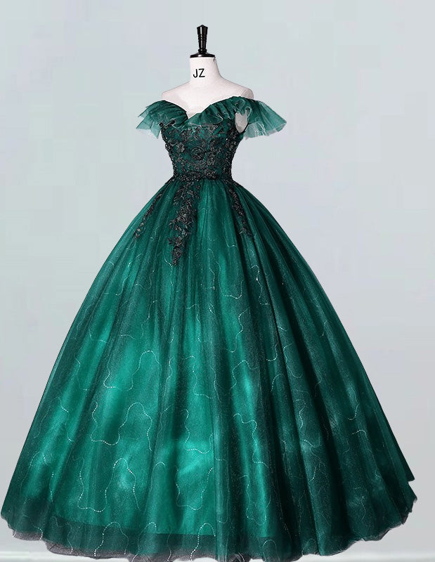 Green off the shoulder lace applique sparkle tulle ball gown wedding bridal dress