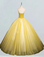 Yellow strapless lace long tulle ball gown prom dress