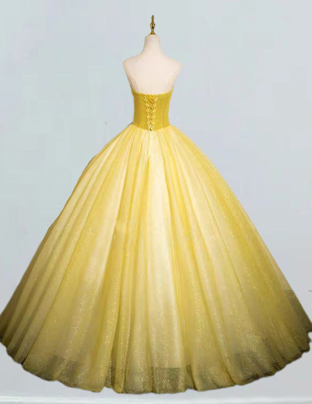 Yellow strapless lace long tulle ball gown prom dress