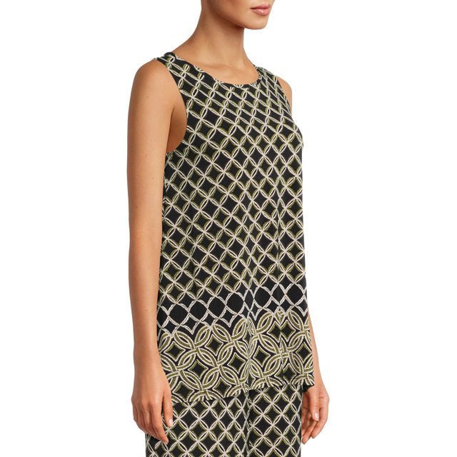 Evan Picone Scoop Neck Sleeveless Moroccan Tile Border Print Shark Bite Hem ITY Top - Glamourous Grace