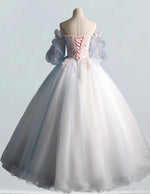 Elegant Off-Shoulder Tulle Prom Dress with Lace Applique & Floral Accents