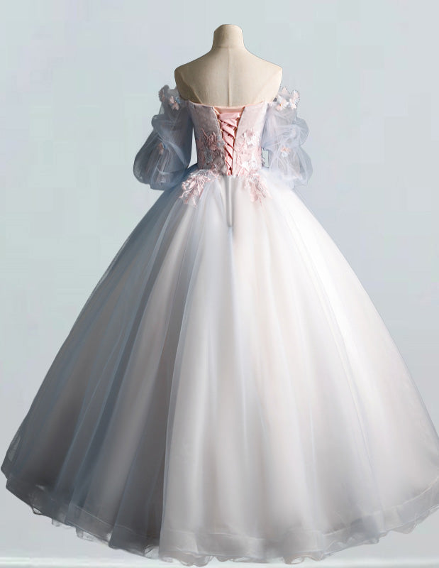 Elegant Off-Shoulder Tulle Prom Dress with Lace Applique & Floral Accents
