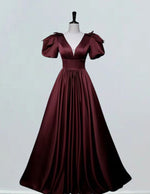 Burgundy v neck satin prom gown long evening dress bridal gown