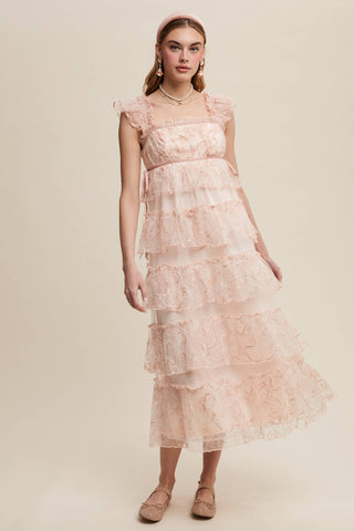 Delicate Floral Embroidered Lace Maxi Dress: Mute Pink