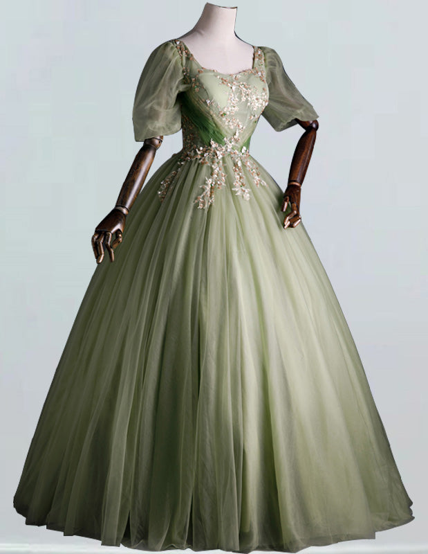 Sage Green Square Collar Tulle Prom Dress | Lace Appliqué Evening Gown