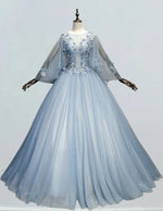 Women's Grayish Blue Lace Applique Tulle Ball Gown | Scoop Neck Prom & Evening Dress