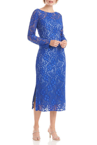 JS Collections Illusion Boat Neck Long Sleeve Zipper Back Slit Side Lace Dress - By Baano