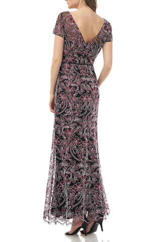 JS Collections Boat Neck Short Sleeve V-Back Zipper Back Embroidered Mesh Dress - By Baano
