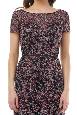 JS Collections Boat Neck Short Sleeve V-Back Zipper Back Embroidered Mesh Dress - By Baano