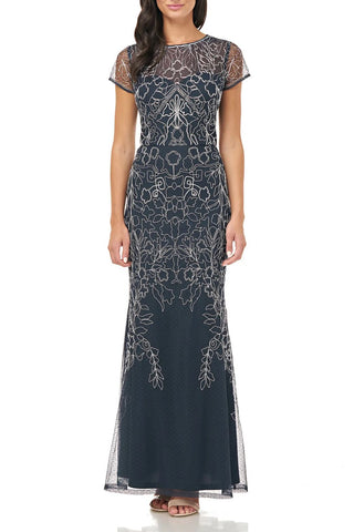JS Collections Crew Neck Short Sleeve Illusion Keyhole Back Embellished Soutache Mesh Dress - By Baano