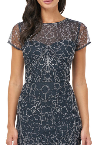JS Collections Crew Neck Short Sleeve Illusion Keyhole Back Embellished Soutache Mesh Dress - By Baano