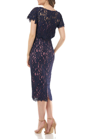 JS Collections Scoop Neck Short Sleeve Blouson Zipper Back Lace Dress - By Baano