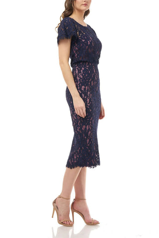 JS Collections Scoop Neck Short Sleeve Blouson Zipper Back Lace Dress - By Baano