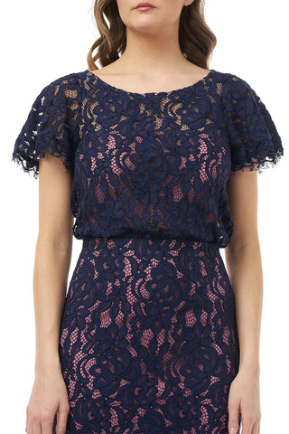 JS Collections Scoop Neck Short Sleeve Blouson Zipper Back Lace Dress - By Baano