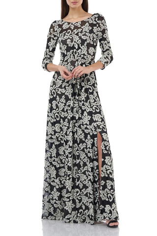 JS Collections Boat Neck 3/4 Sleeve Zipper Back Embroidered Mesh Gown - By Baano