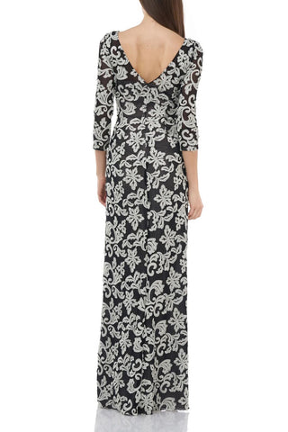JS Collections Boat Neck 3/4 Sleeve Zipper Back Embroidered Mesh Gown - By Baano