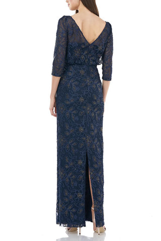 JS Collections Boat Neck 3/4 Sleeve Blouson Embellished Mesh Gown - By Baano