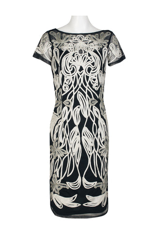 JS Collections Boat Neck Short Sleeve Zipper Back Art Nouveau Illusion Embellished Mesh Dress - By Baano