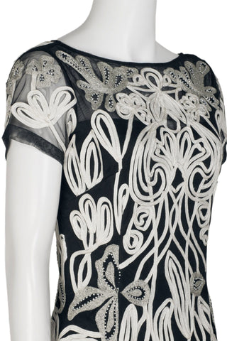 JS Collections Boat Neck Short Sleeve Zipper Back Art Nouveau Illusion Embellished Mesh Dress - By Baano