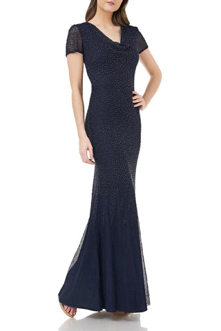 JS Collections Cowl Neck Short Sleeve Zipper Back Embellished Mesh Dress - By Baano
