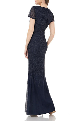 JS Collections Cowl Neck Short Sleeve Zipper Back Embellished Mesh Dress - By Baano