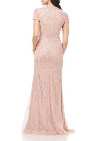 JS Collections Cowl Neck Short Sleeve Zipper Back Embellished Mesh Dress - By Baano