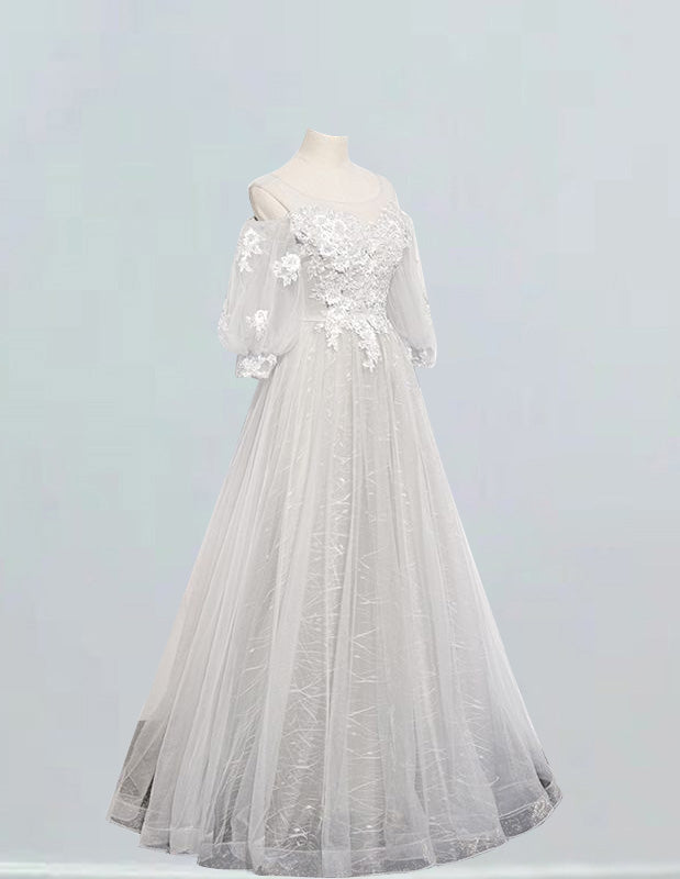 Silver Grey Lace Applique Prom Gown with Sleeves | Scoop Neckline | Elegant Evening Dress