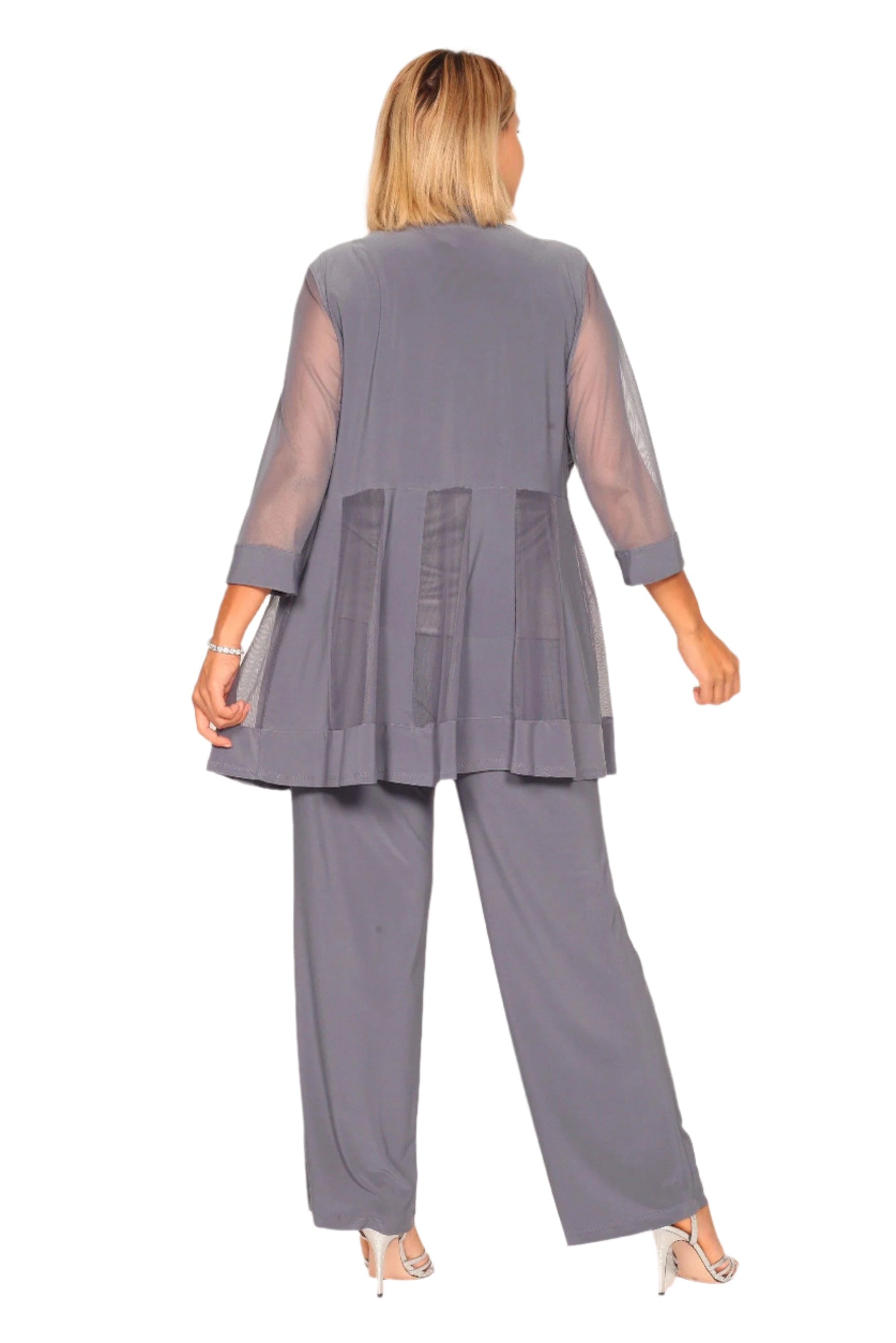R&M Richards Three Piece Pants Suit Round Neck Sleeveless Top with Soft-Cut Draped Lapel Mesh Jacket Formal Dress
