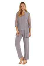 R&M Richards Three Piece Pants Suit Round Neck Sleeveless Top with Soft-Cut Draped Lapel Mesh Jacket Formal Dress