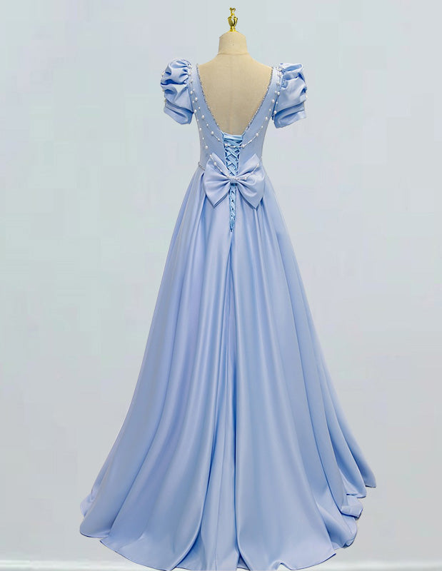 Women's Elegant Blue Satin Prom Dress | Square Collar, Pearl & Rhinestone Detail