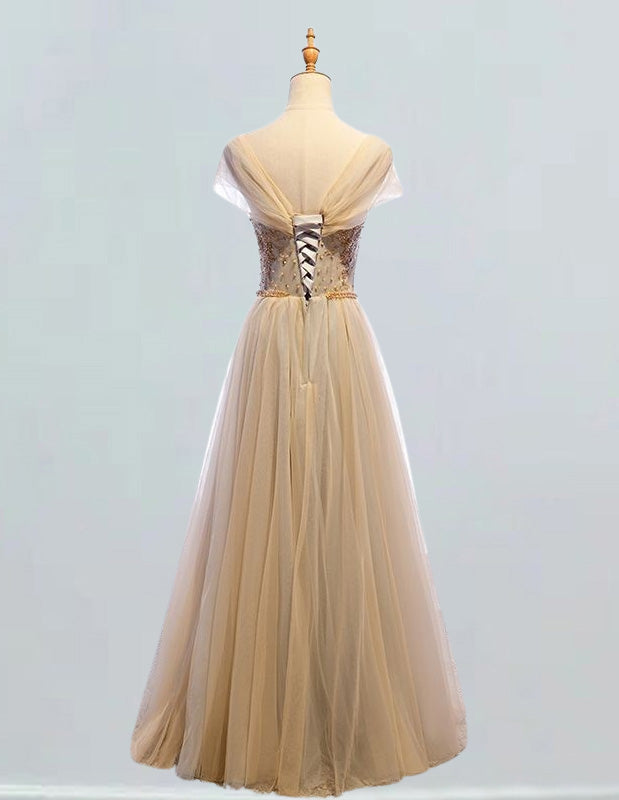 Gold Beaded Off-Shoulder Prom Gown | Women's Elegant Evening Ball Dress