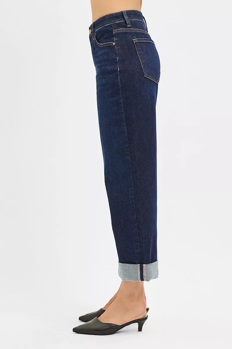 Risen Mid Rise Ankle Jeans With Wide Roll Up Cuffs Details