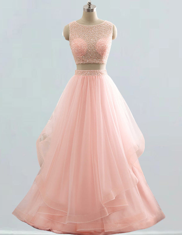 Pink Beaded Boat Neck Prom Gown | Rhinestone Detail | Elegant Evening Dress
