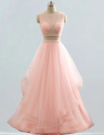 Pink Beaded Boat Neck Prom Gown | Rhinestone Detail | Elegant Evening Dress